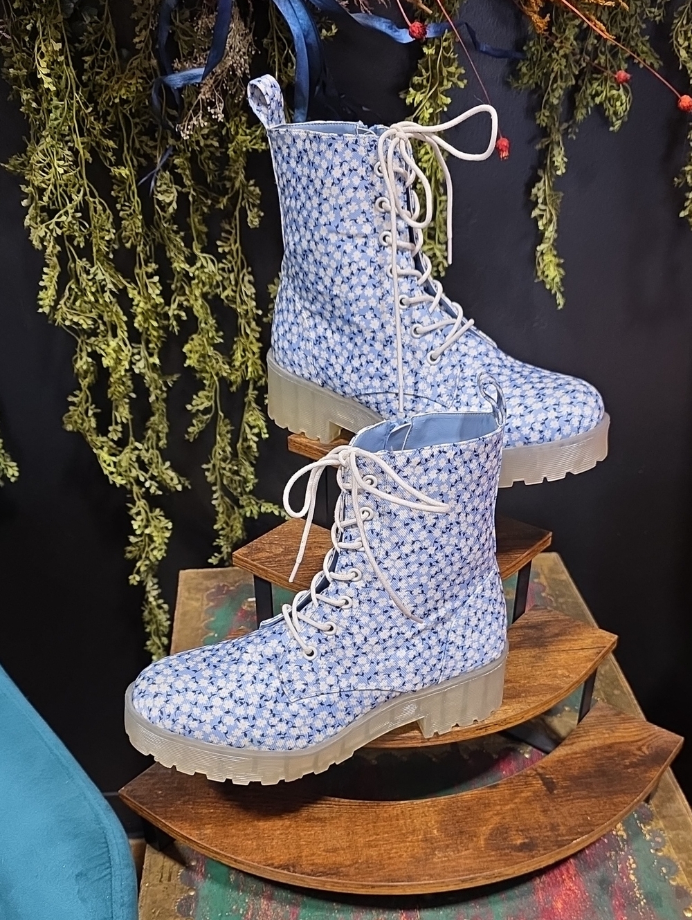 Dirty Laundry Blue Floral Lace-Up Combat Boots
